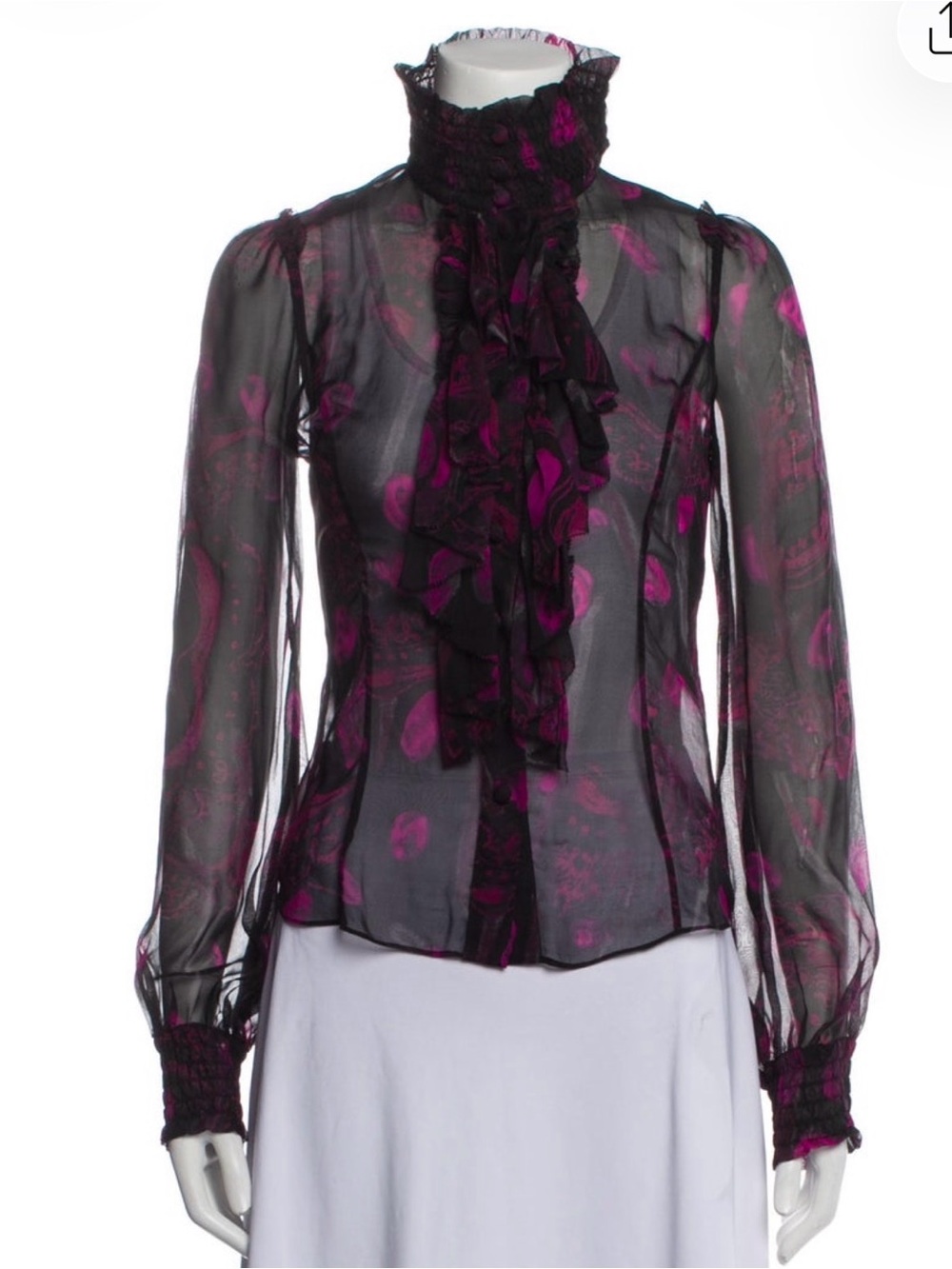 Diane Von Furstenberg Black Sheer Ruffle Front Top Sz.0/XS